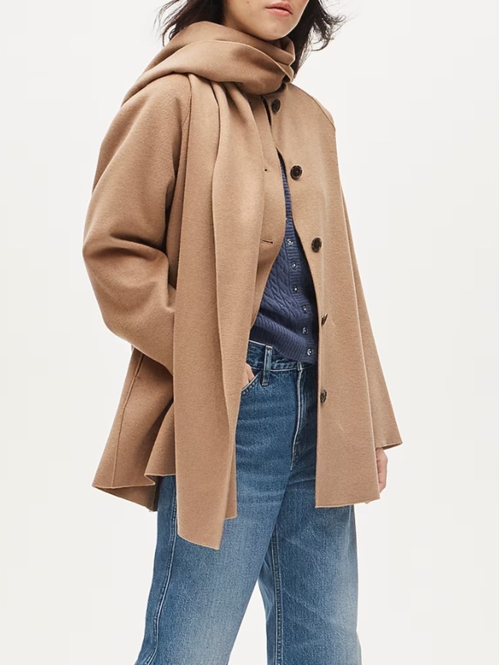 J crew dark camel Scarf coat in drapey wool blend